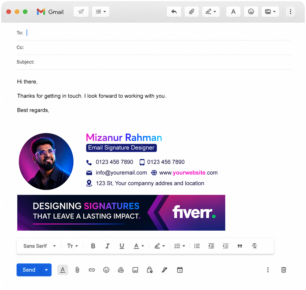 Gmail email signature mockup showing a professional MizanBranding HTML email signature